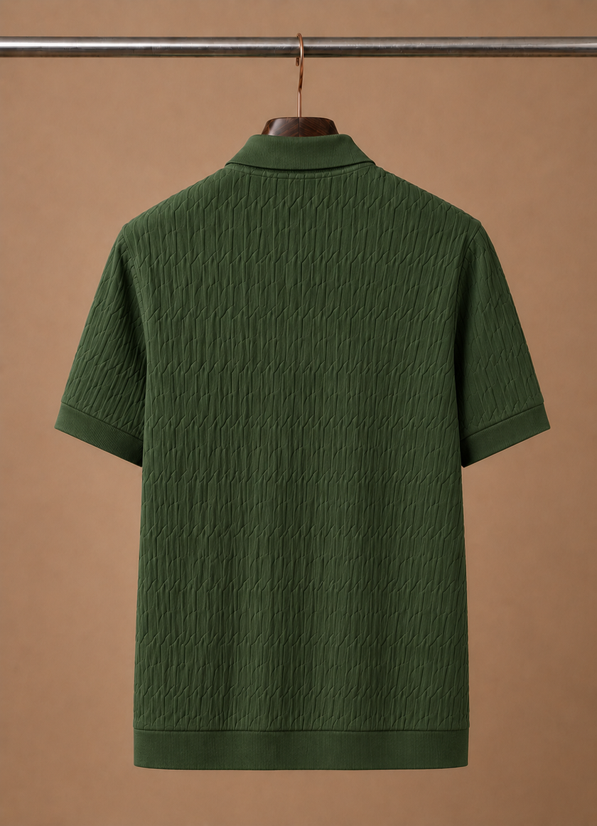 Men's luxury knit polo shirt by FJØRNA, soft textured breathable summer polo in men's polo style.