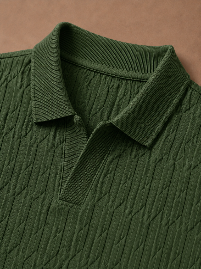 Men's luxury knit polo shirt by FJØRNA, soft textured summer polo with breathable fabric and stylish fit.