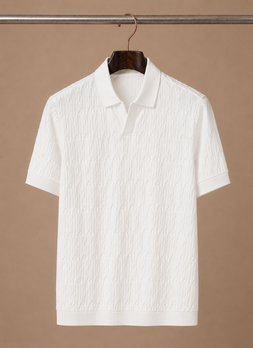 Men's FJØRNA luxury knit polo shirt featuring a soft textured fabric, perfect for breathable summer style.