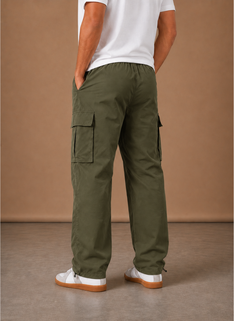 Men's cargo pants by FJØRNA with relaxed fit, utility style, casual design, featuring multiple pockets and durable fabric.