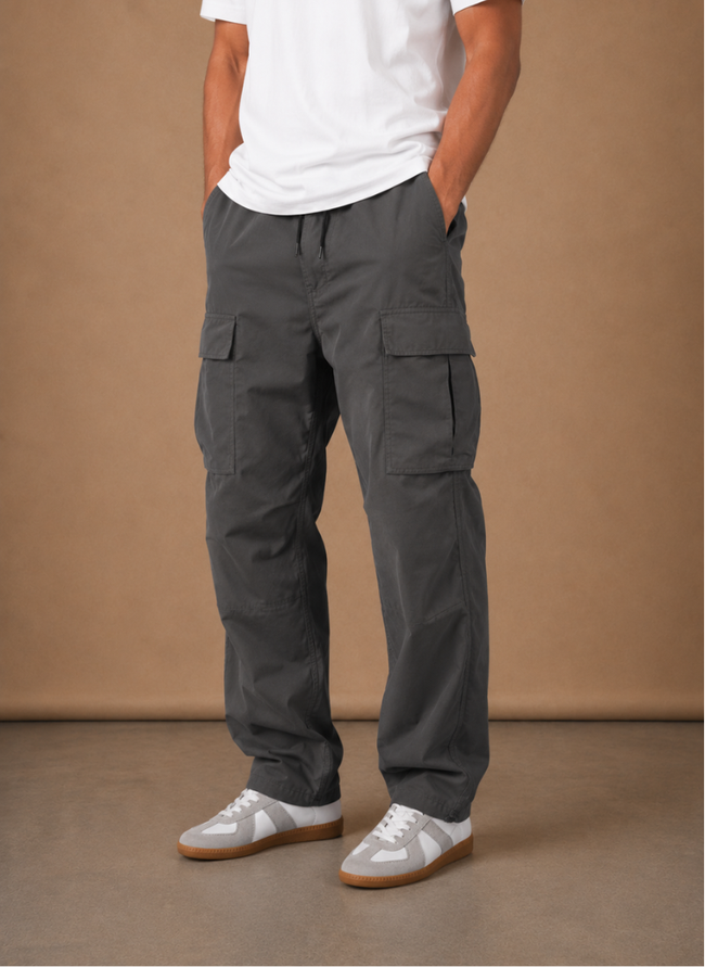 Men's cargo pants by FJØRNA with a relaxed fit, featuring multiple utility pockets for casual everyday wear.