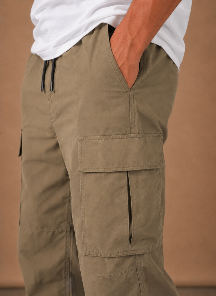 Men's cargo pants by FJØRNA featuring a relaxed fit, utility pockets, and casual style, suitable for everyday wear.