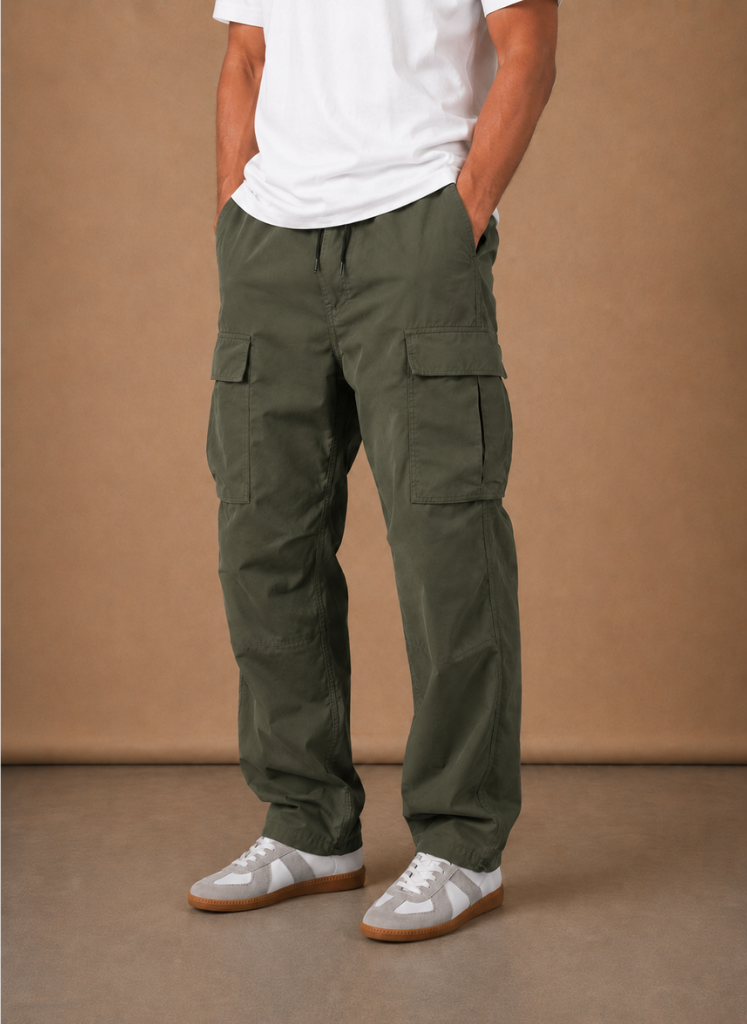 Men's cargo pants by FJØRNA, relaxed fit utility style with multiple pockets, casual everyday wear for men.