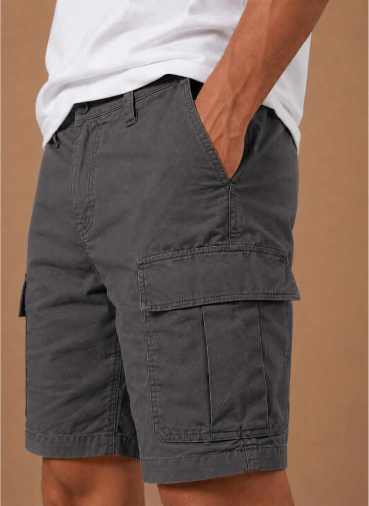 Men's cargo shorts by FJØRNA with a relaxed fit, utility design, and casual style, suitable for summer wear.