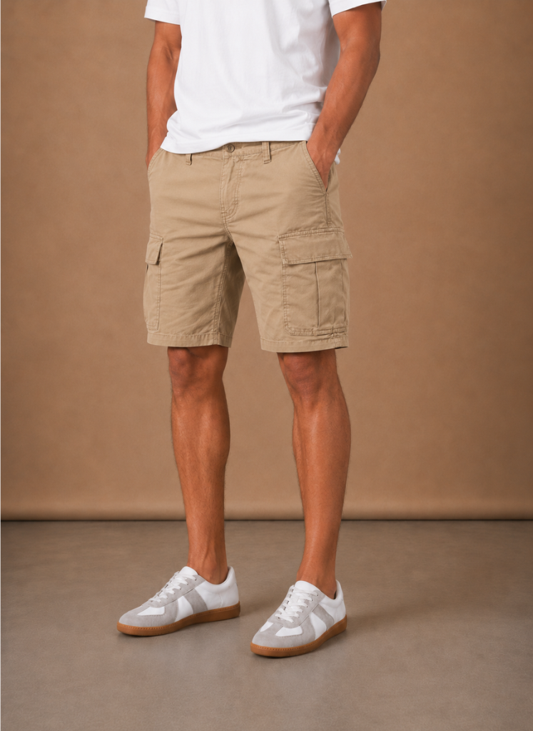 Men's cargo shorts in relaxed fit with utility design, casual style, FJØRNA brand, suitable for summer wear.