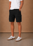 Men's cargo shorts by FJØRNA with a relaxed fit, utility pockets, casual summer style, shown in khaki color.