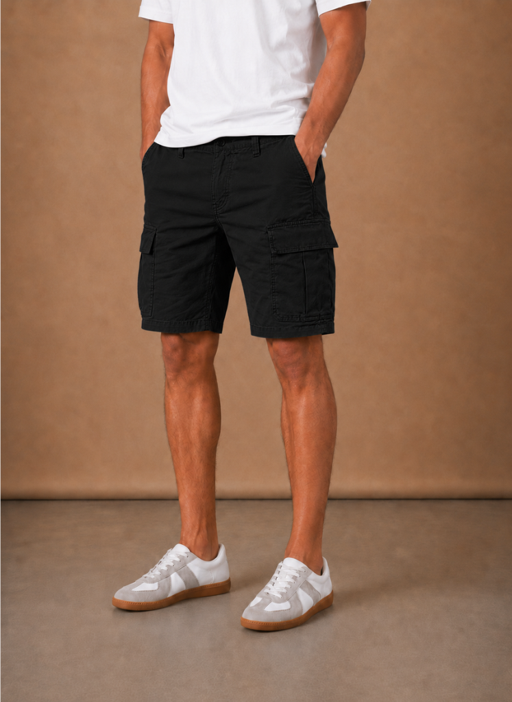 Men's cargo shorts by FJØRNA with a relaxed fit, utility pockets, casual summer style, shown in khaki color.