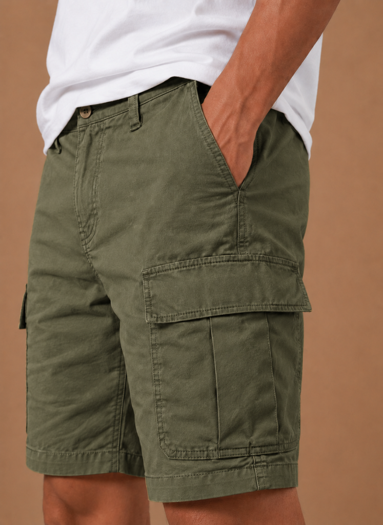 Men's cargo shorts by FJØRNA with relaxed fit, utility pockets, suitable for summer casual wear.