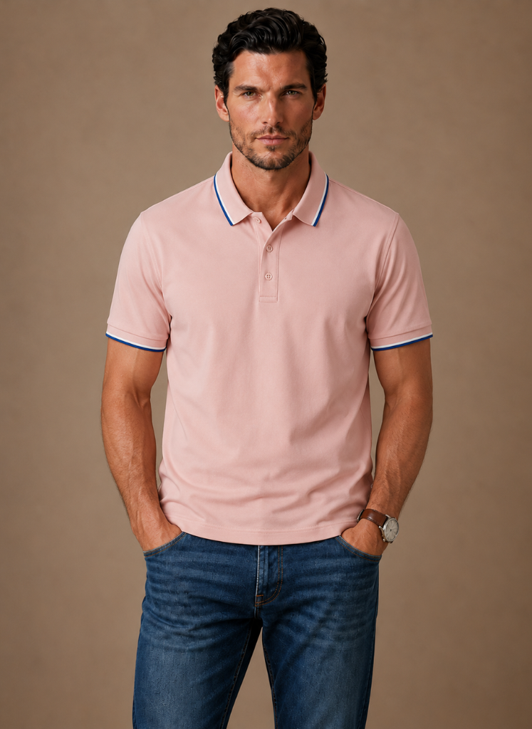 Men's classic tipped polo shirt by FJØRNA, made of cotton, featuring a smart casual fit and contrasting collar and sleeve tips.