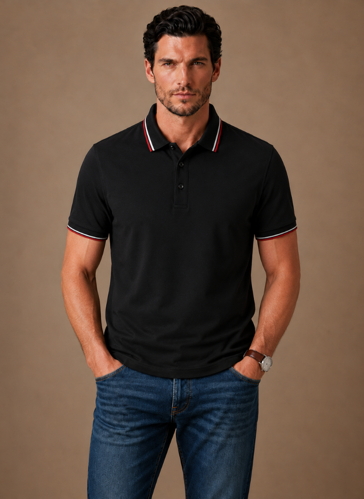 Men's classic tipped polo shirt by FJØRNA, smart casual cotton polo with a tailored fit and contrasting collar detail.