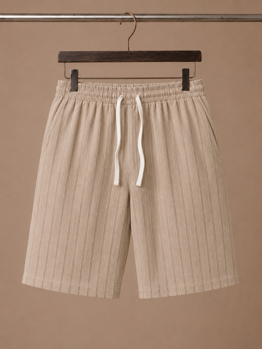 Men's linen drawstring shorts by FJØRNA featuring a relaxed fit and white and striped pattern, casual style, lightweight fabric