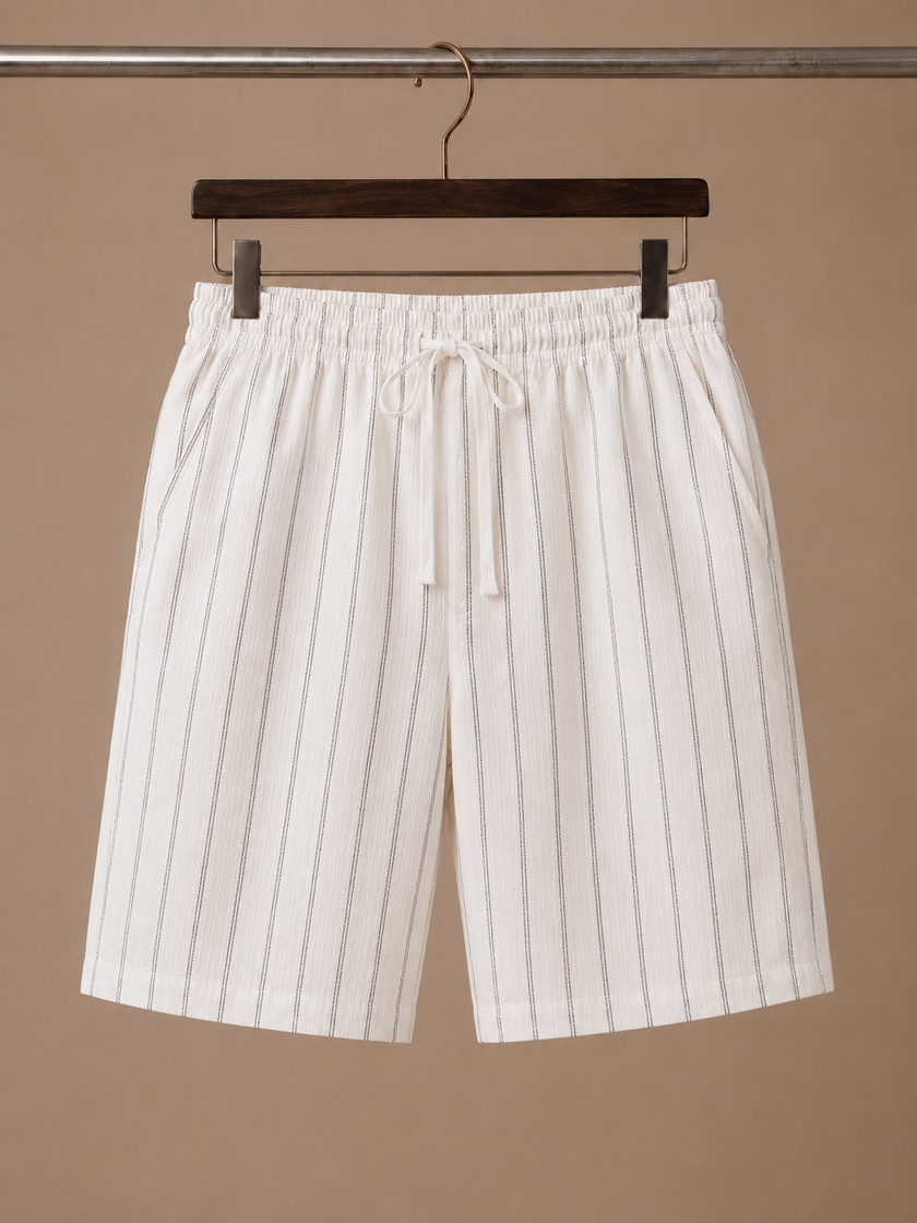 Men's linen drawstring shorts by FJØRNA featuring a relaxed fit and white striped pattern, casual men's pants for warm weather.