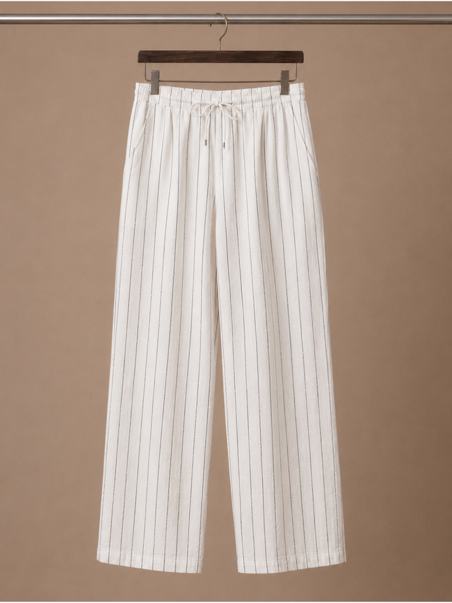 Men's linen drawstring trousers by FJØRNA with relaxed fit and striped casual design, made from breathable linen blend fabric.