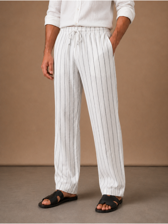 Men's linen drawstring trousers by FJØRNA with relaxed fit and striped design, casual men's pants for comfortable everyday wear