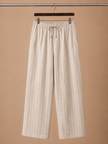 Men's striped linen drawstring trousers from FJØRNA, casual fit with relaxed style and comfortable linen-blend fabric.