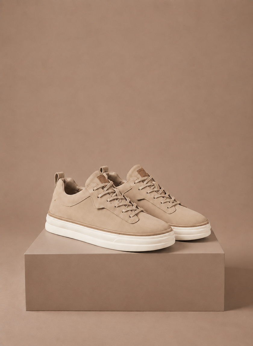 FJØRNA men's suede sneakers with slip-on design, classic smart casual shoes in tan, showcasing smooth suede material and sleek style.
