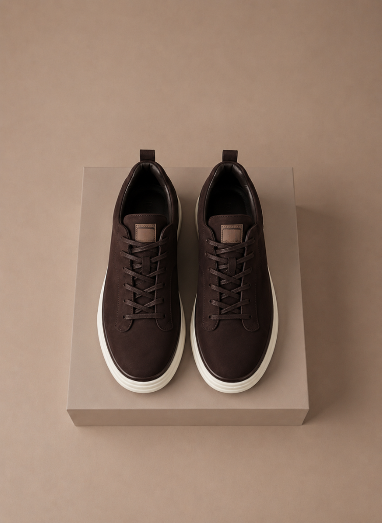 Men's suede sneakers by FJØRNA, classic smart casual slip-on shoes with a sleek design and comfortable fit.