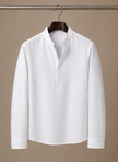 Men's linen blend shirt with grandad collar by FJØRNA featuring a relaxed casual fit, shown in a neutral color.