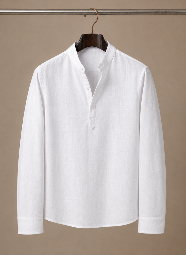 Men's linen blend shirt with grandad collar by FJØRNA featuring a relaxed casual fit, shown in a neutral color.