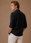 Men's linen blend shirt with grandad collar by FJØRNA, featuring a relaxed casual fit and lightweight fabric.