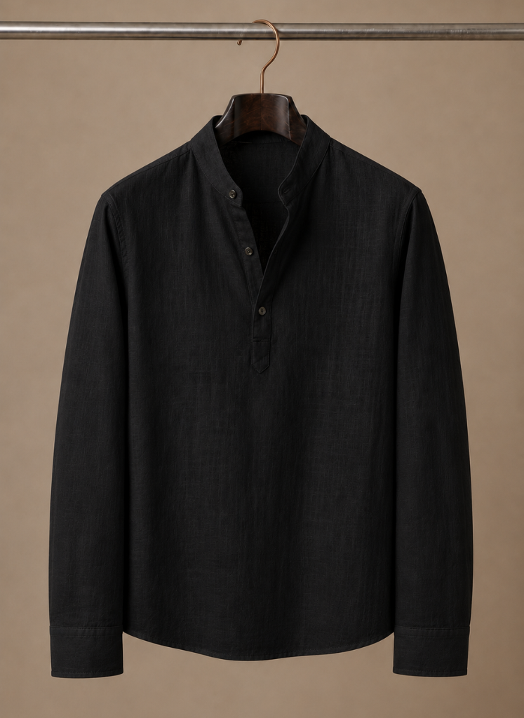 Men's linen blend grandad collar shirt by FJØRNA with relaxed casual fit, shown in a light-colored fabric.