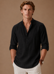 Men's linen blend shirt with grandad collar, relaxed casual fit, by FJØRNA, shown in neutral fabric and stylish design.