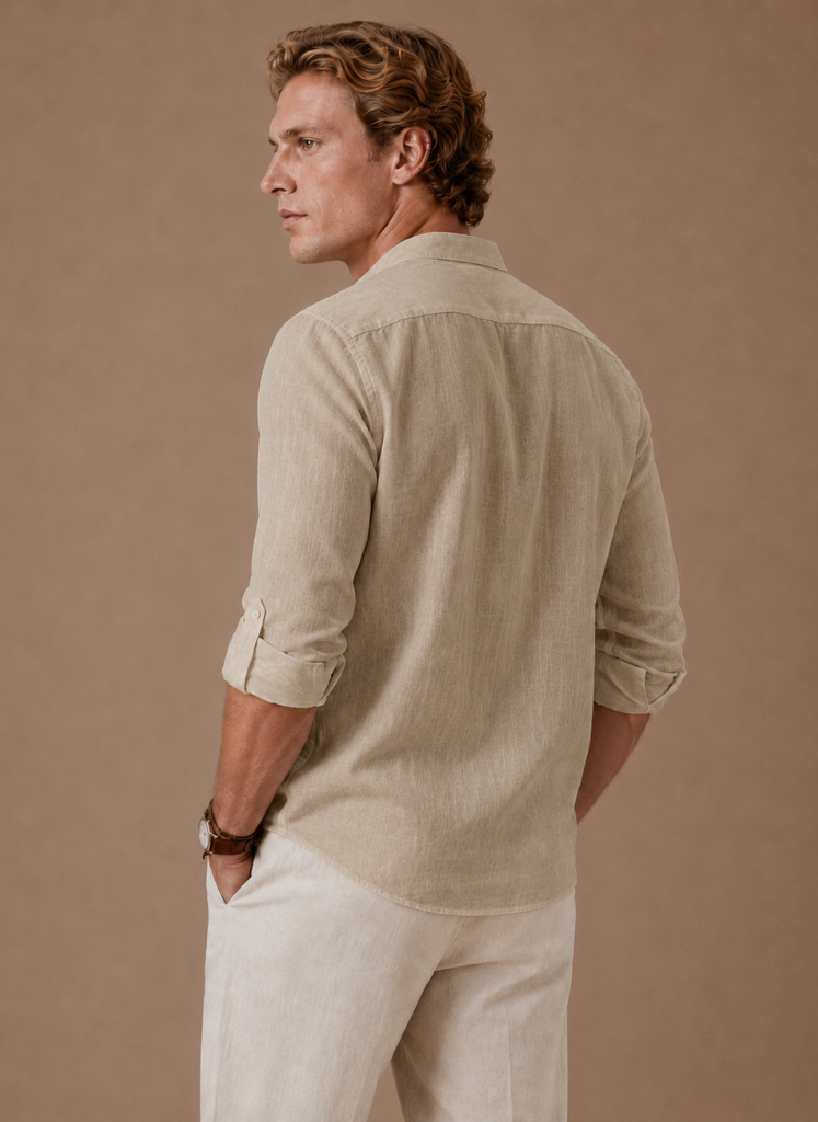 Men's linen blend shirt with grandad collar in relaxed fit, by FJØRNA, featuring casual style and lightweight fabric.