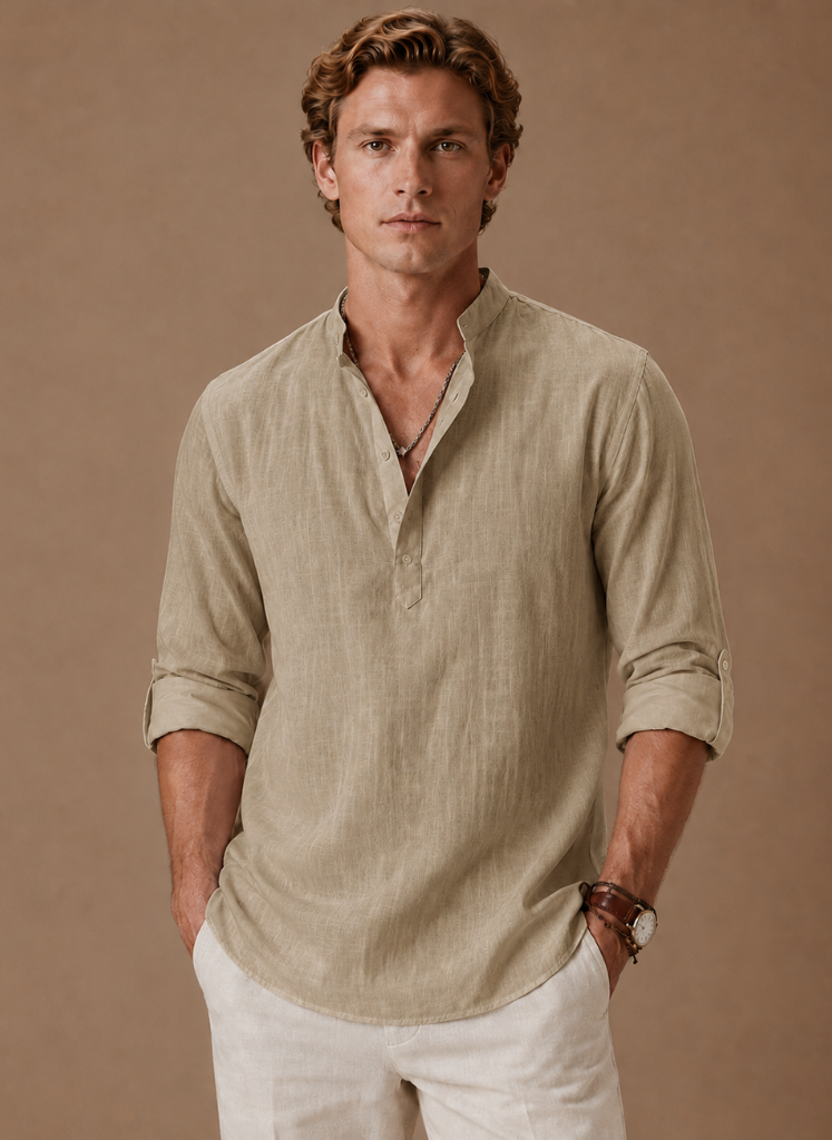 Men's linen blend shirt with grandad collar in relaxed casual fit, by FJØRNA, shown in natural fabric and classic style.