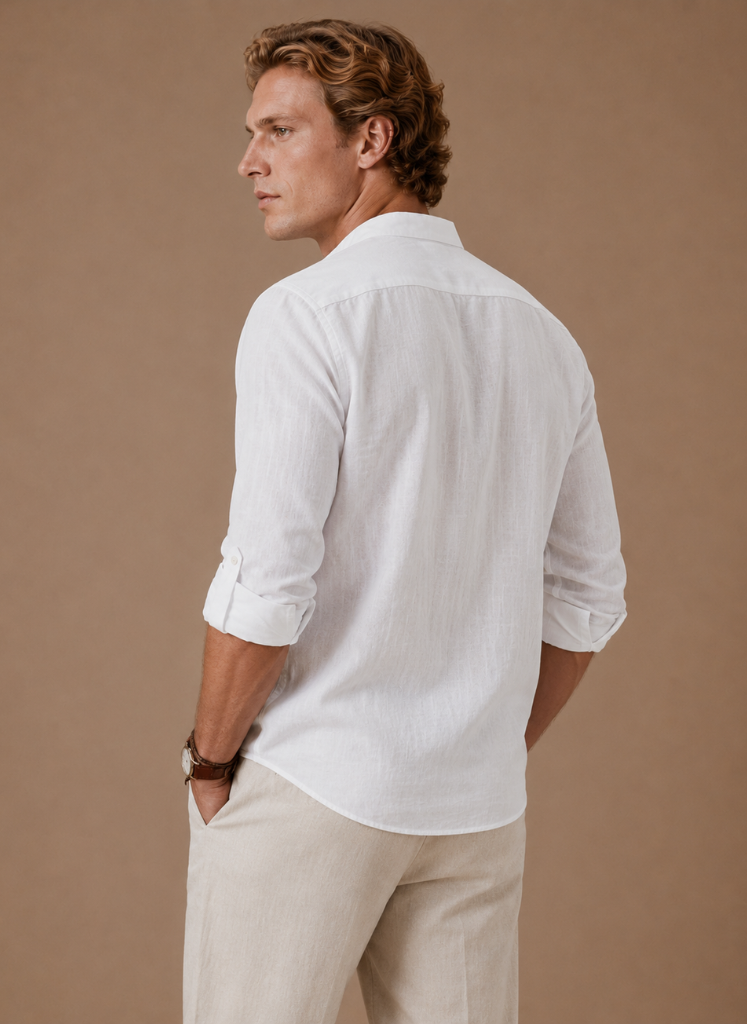 Men's linen blend shirt with grandad collar in relaxed casual fit by FJØRNA, displayed on a model.