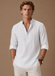 Men’s linen blend shirt with grandad collar from FJØRNA, relaxed casual fit, stylish men's shirt for everyday wear.