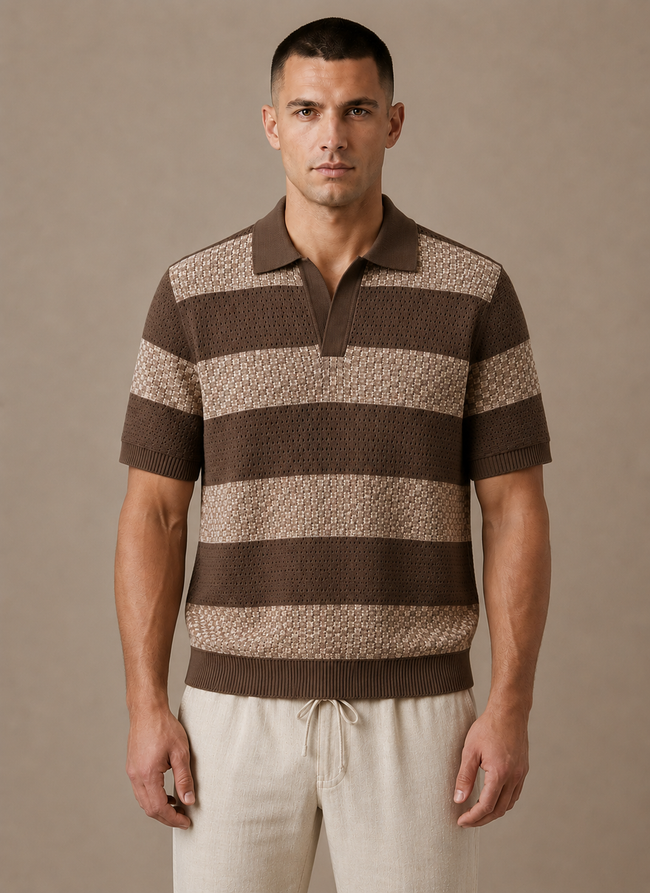 Men's striped polo shirt by FJØRNA, premium smart casual fit, featuring a classic striped pattern and comfortable polo collar.
