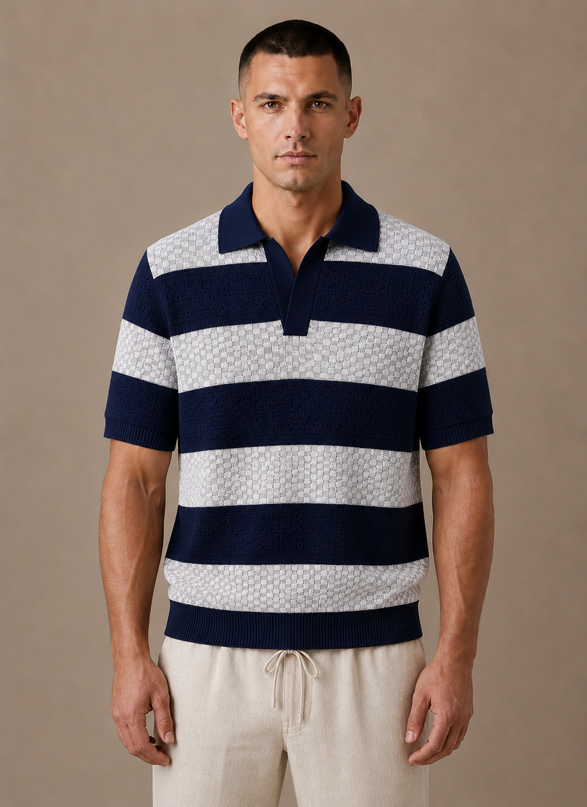 Men's striped polo shirt by FJØRNA featuring a smart casual fit, shown in a close-up of the shirt's striped pattern and collar.