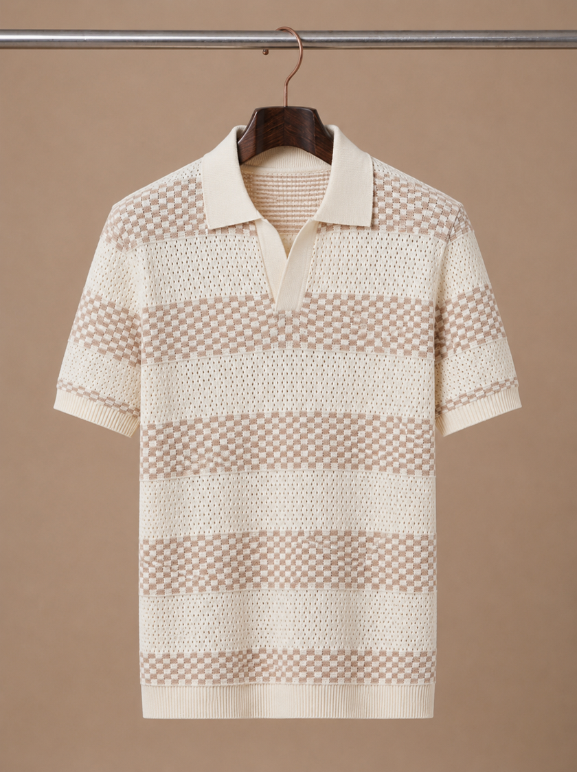 Men's striped polo shirt by FJØRNA featuring a smart casual fit, with classic horizontal stripes and a collared neckline.