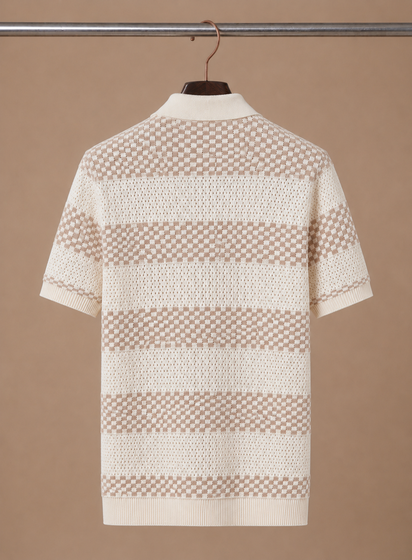 Men’s striped polo shirt by FJØRNA featuring a smart casual fit, shown in a close-up of the shirt’s classic striped pattern and collar.