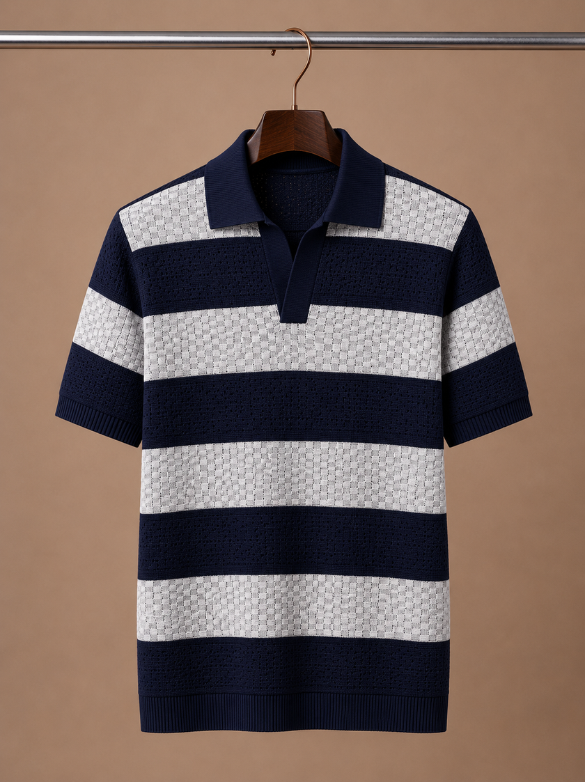 Men's striped polo shirt by FJØRNA featuring a smart casual fit, displayed on a model for stylish everyday wear.