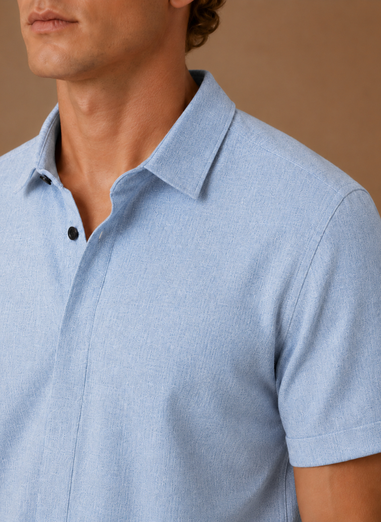 Men's short sleeve linen cotton shirt by FJØRNA, casual smart shirt with breathable fabric and relaxed fit.