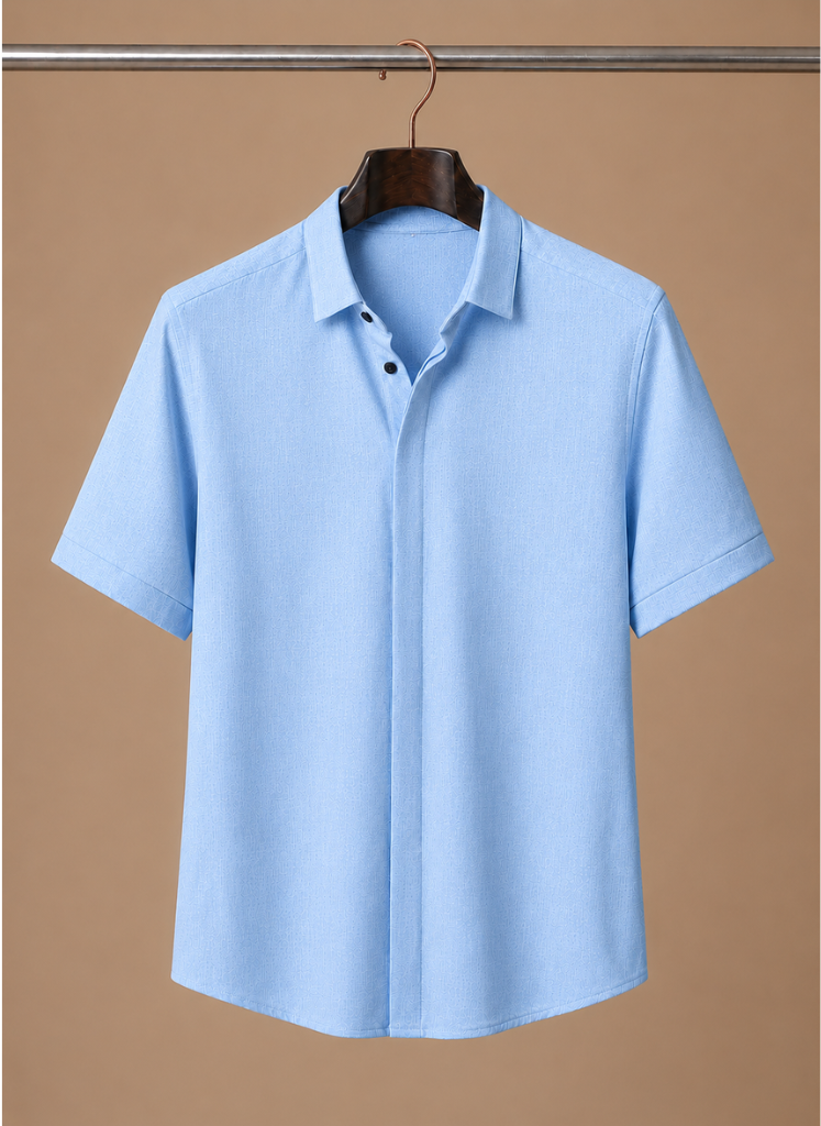 Men's short sleeve linen cotton shirt by FJØRNA, featuring a smart casual style with a lightweight, breathable fabric.