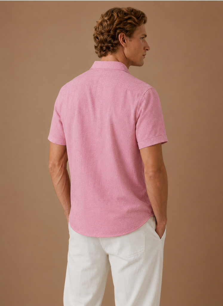 Men's short sleeve linen cotton shirt by FJØRNA, smart casual style, shown in a relaxed fit with breathable fabric.