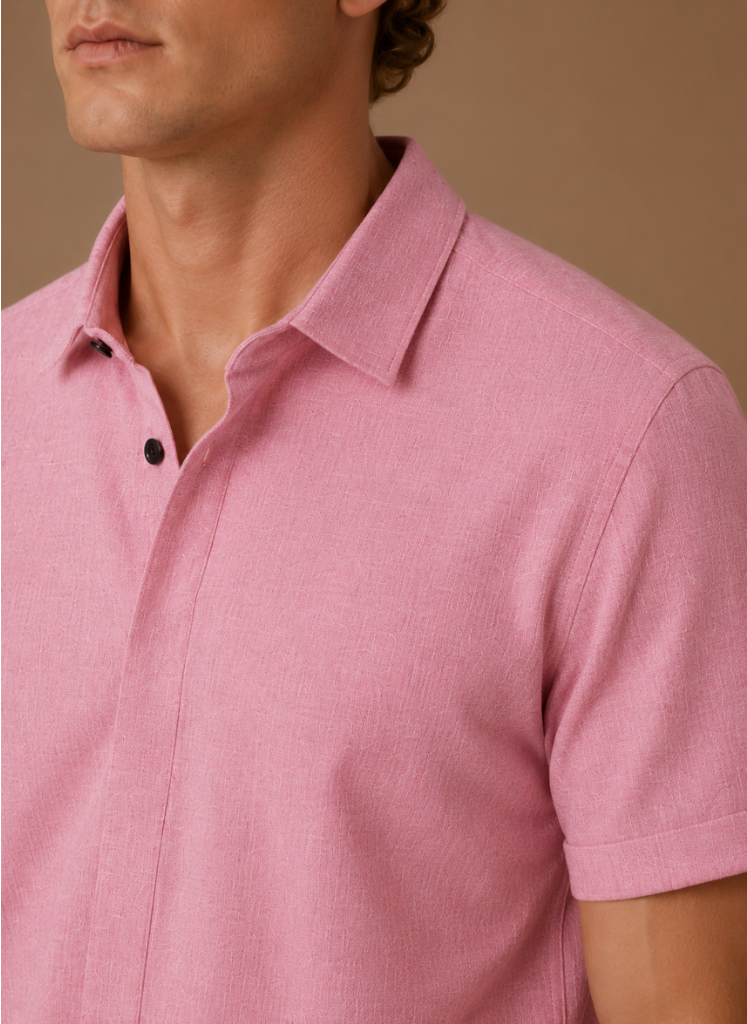 Men's short sleeve linen cotton shirt by FJØRNA, featuring a smart casual design with a relaxed fit and breathable fabric.