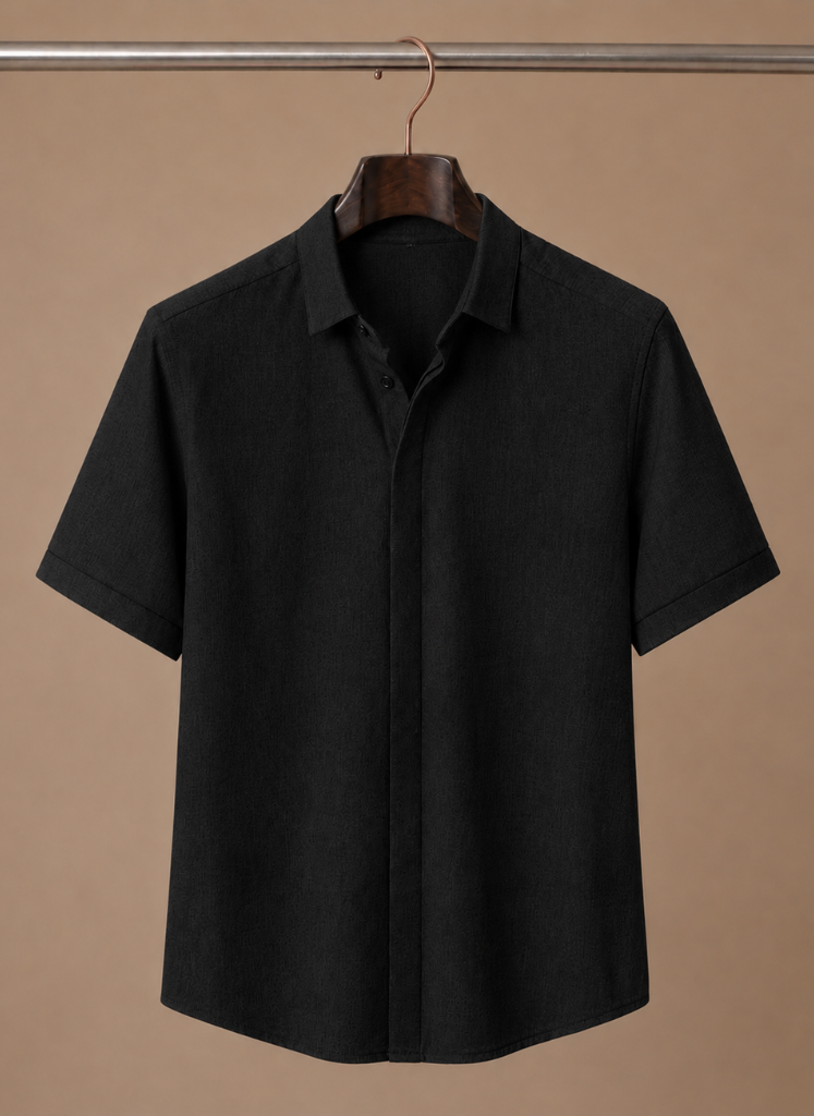 Men's short sleeve linen cotton shirt by FJØRNA, showcasing a smart casual style with lightweight, breathable fabric.