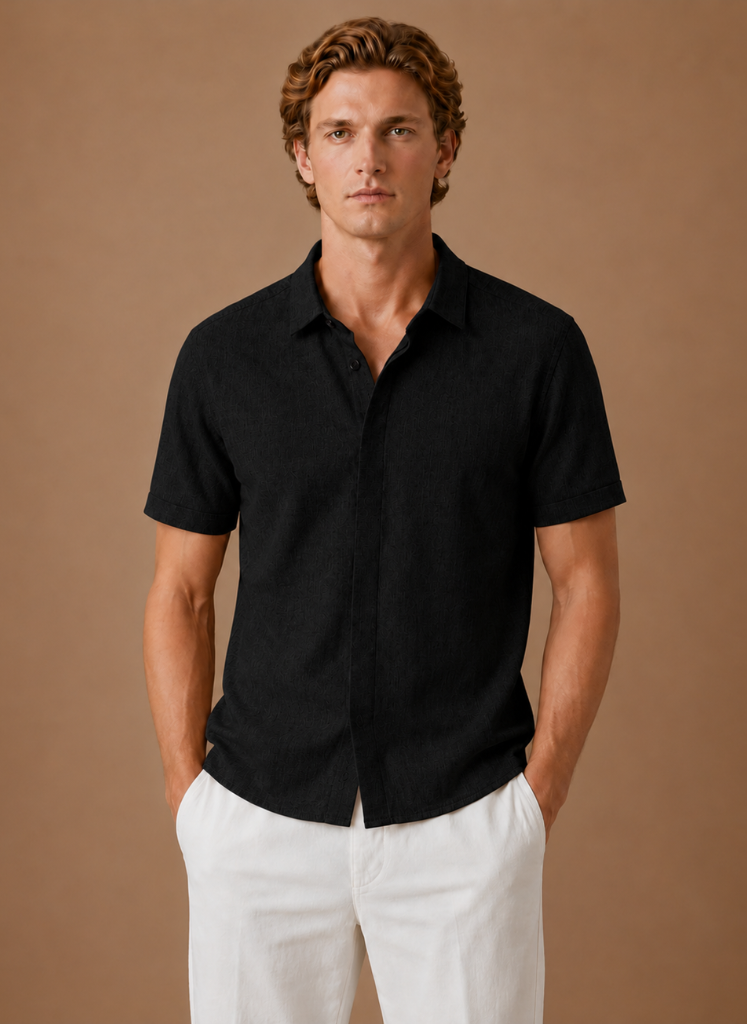 Men's short sleeve linen cotton shirt by FJØRNA, featuring a smart casual design and lightweight fabric for summer wear.