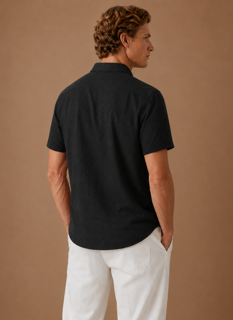 Men's short sleeve linen cotton shirt by FJØRNA, featuring a smart casual design and lightweight, breathable fabric.