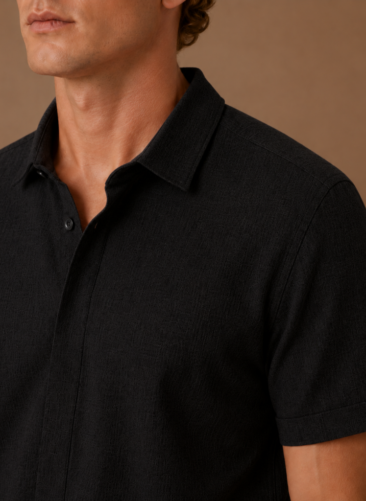 Men's short sleeve linen cotton shirt by FJØRNA, showcasing a smart casual design with a relaxed fit and breathable fabric.