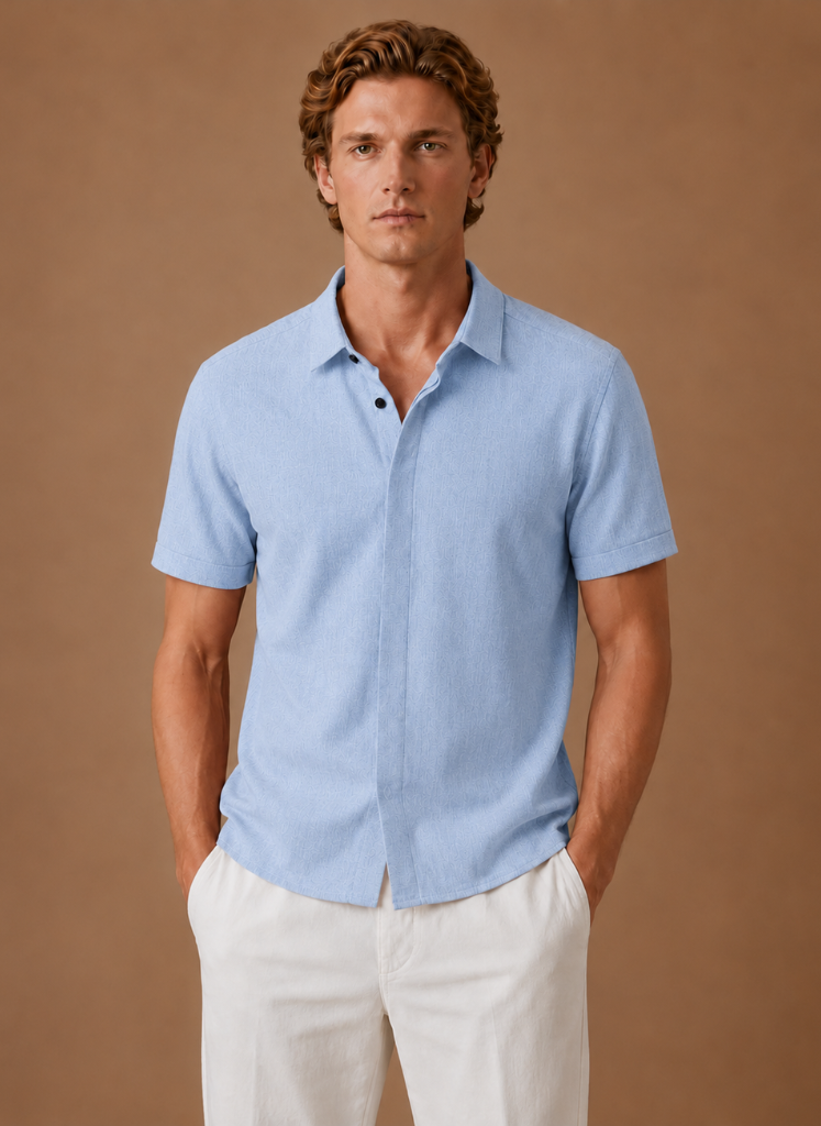 Men's short sleeve linen cotton shirt by FJØRNA, showcasing a casual smart men's shirt with a relaxed fit and breathable fabric.