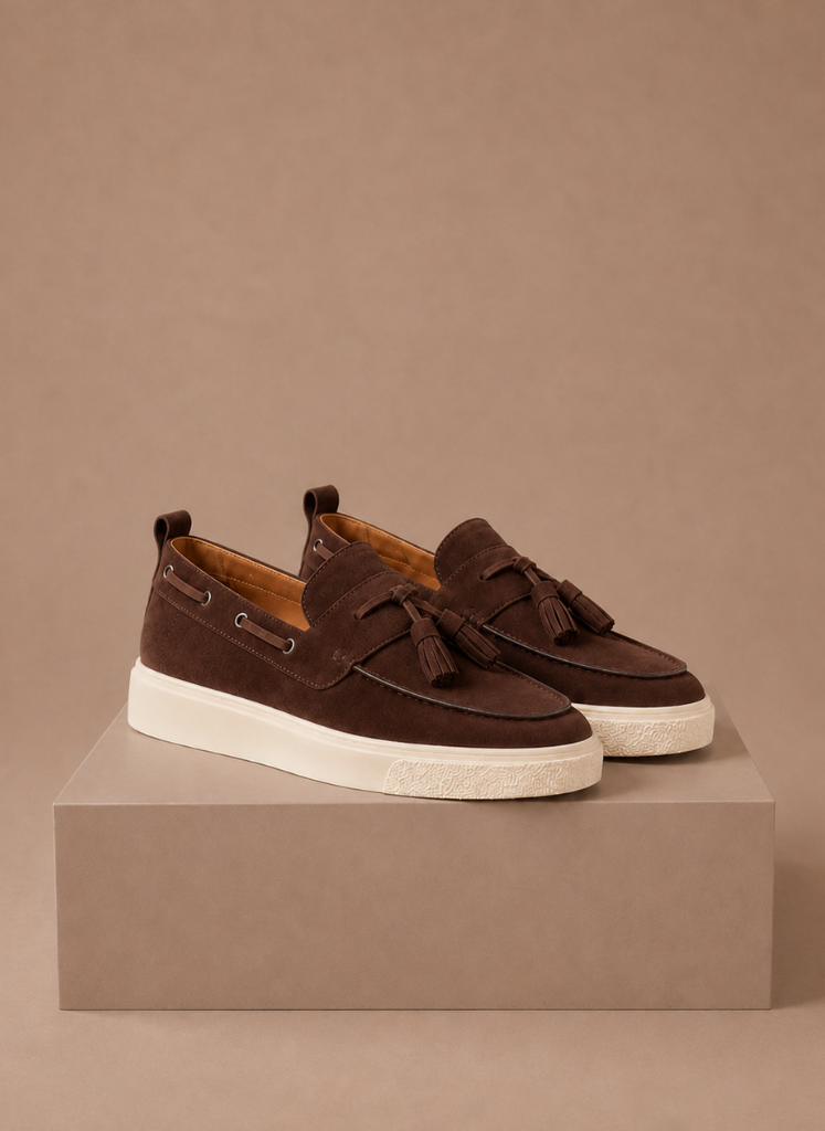 FJØRNA men's suede tassel loafer sneakers with slip-on design and casual style, featuring tassel details and comfortable sole.