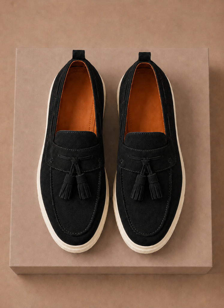 Men's suede tassel loafer sneakers by FJØRNA, casual slip-on shoes with tassel detail and comfortable design.