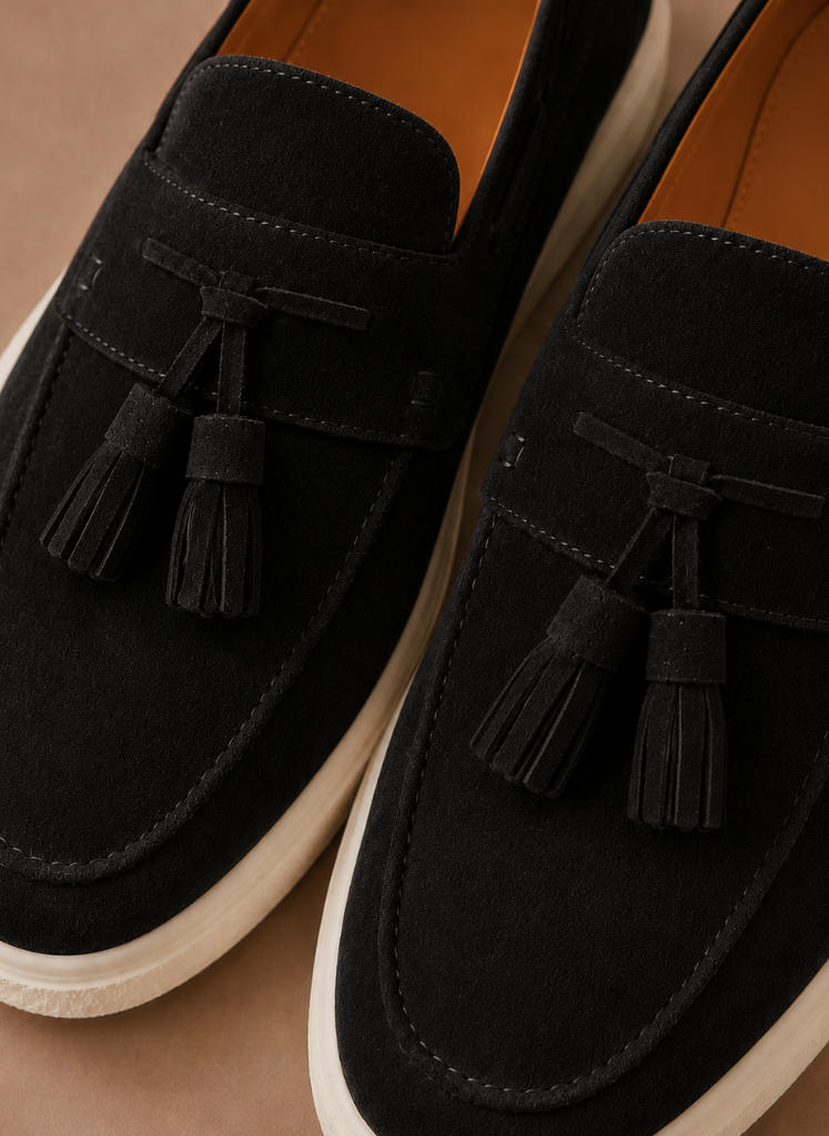 FJØRNA men's suede slip-on loafers with tassel details, casual slip-on sneakers for men, stylish and comfortable footwear.