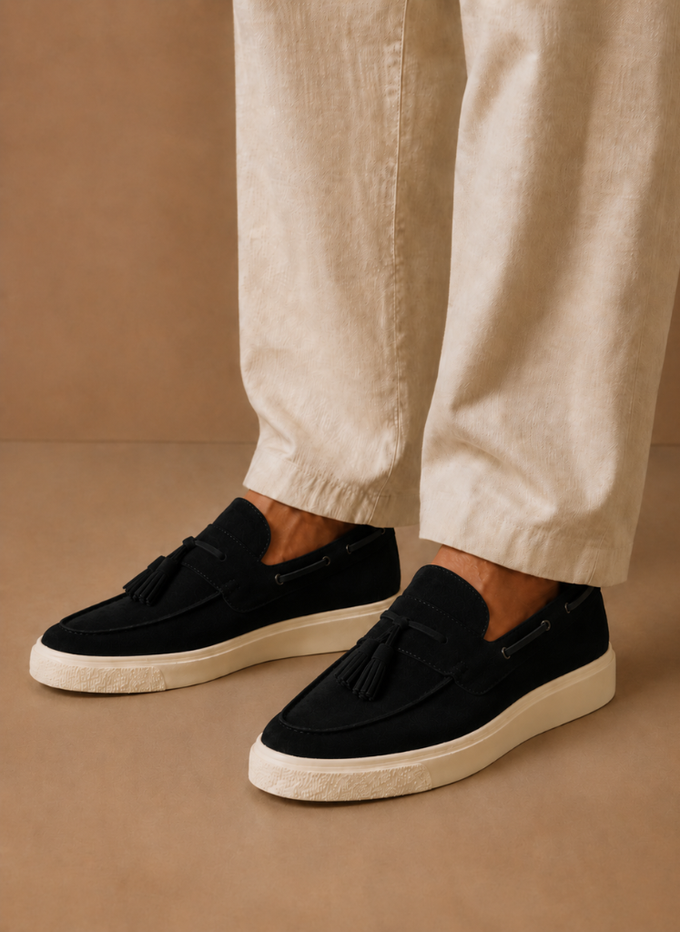 FJØRNA men's suede slip-on tassel loafer sneakers with casual design and stylish tassel detailing, perfect for everyday wear.
