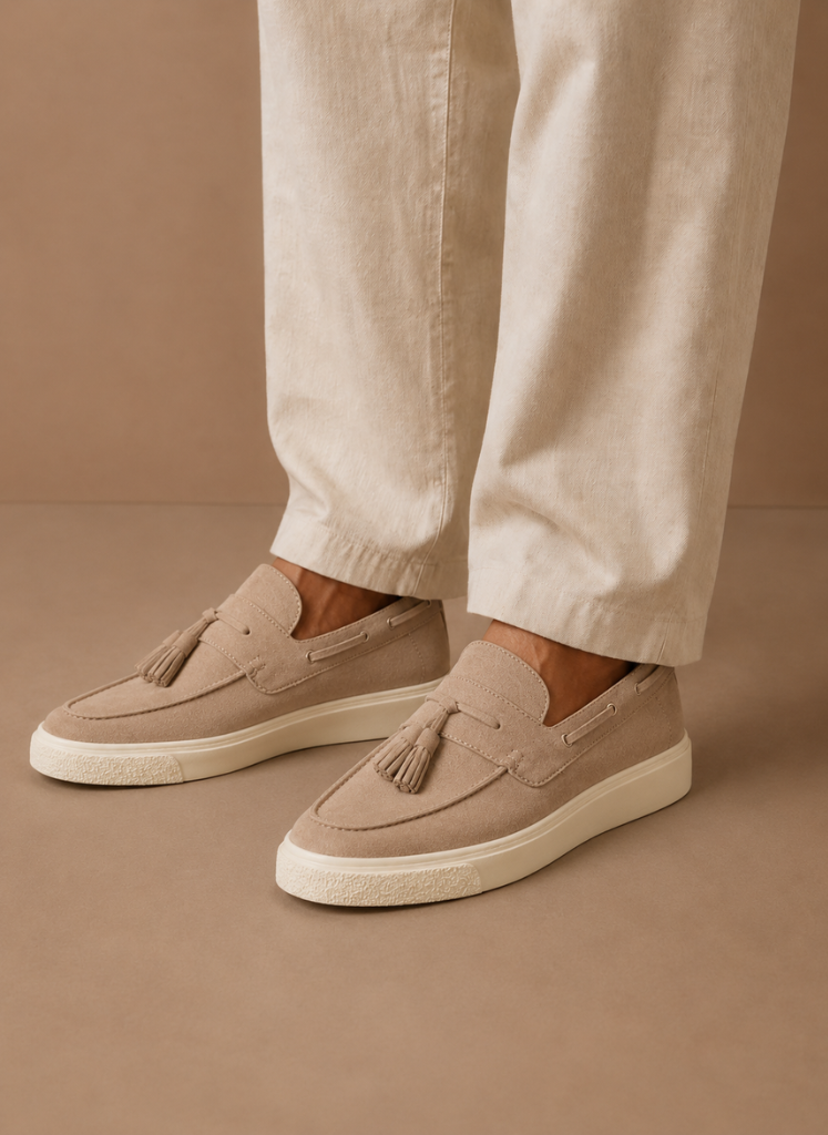 Men's suede tassel loafer sneakers by FJØRNA, casual slip-on shoes with tassel details and sleek design.