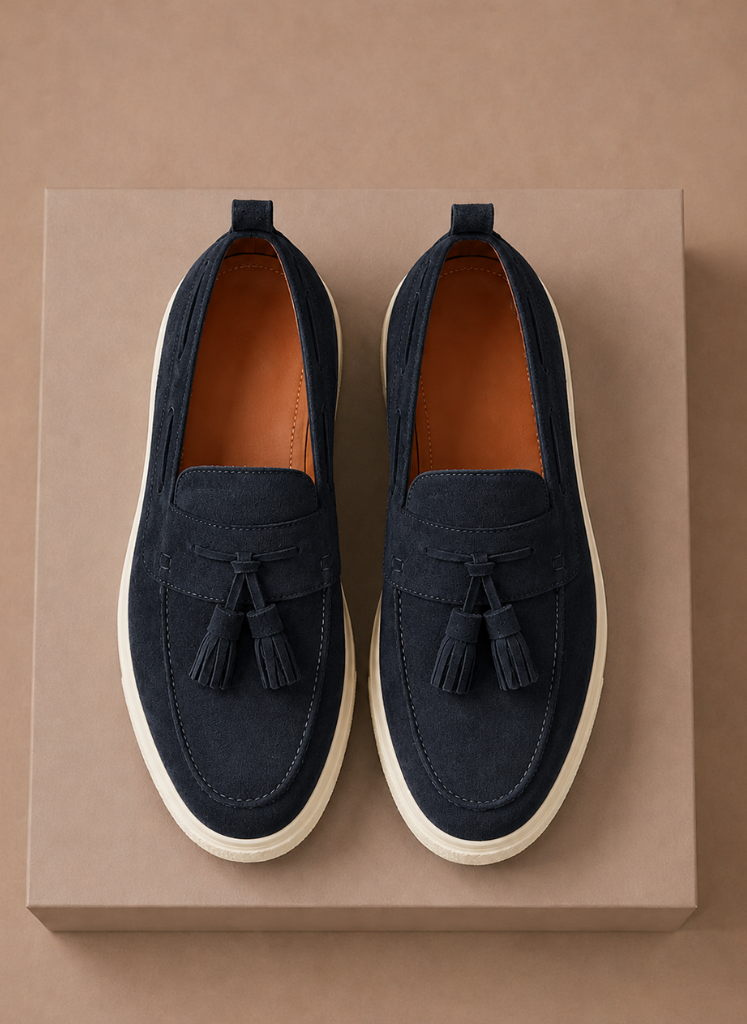 Men's suede tassel loafer sneakers by FJØRNA, casual slip-on shoes with tassel detail and comfortable design.